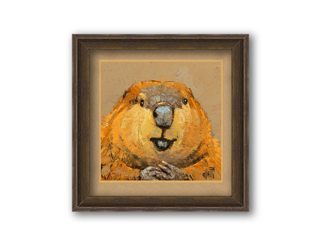 A closeup portrait of a beaver, painted in golden browns with deep textures. Printed on paper, matted, and framed.