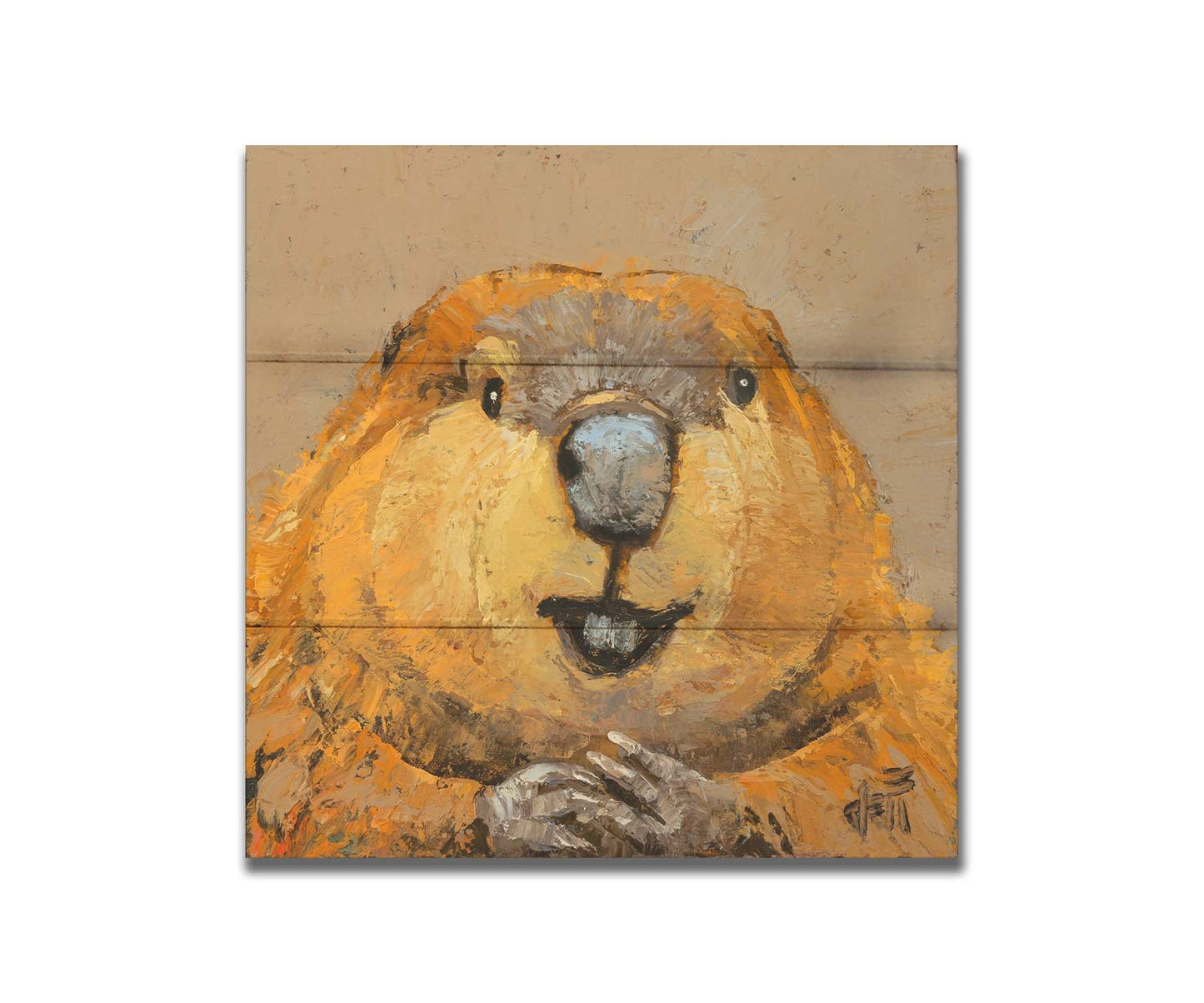 A closeup portrait of a beaver, painted in golden browns with deep textures. Printed on a box board.