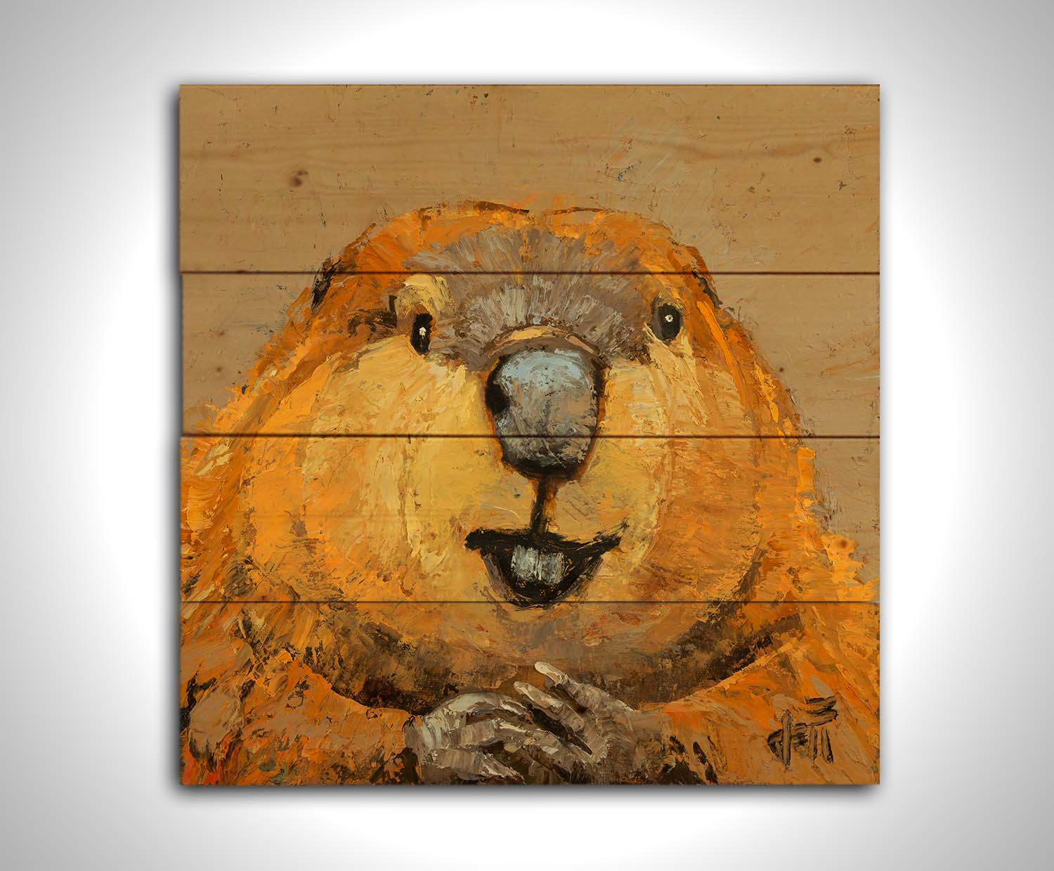 A closeup portrait of a beaver, painted in golden browns with deep textures. Printed on a wood pallet.