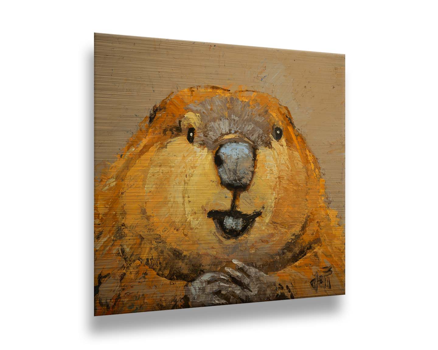 A closeup portrait of a beaver, painted in golden browns with deep textures. Printed on metal.