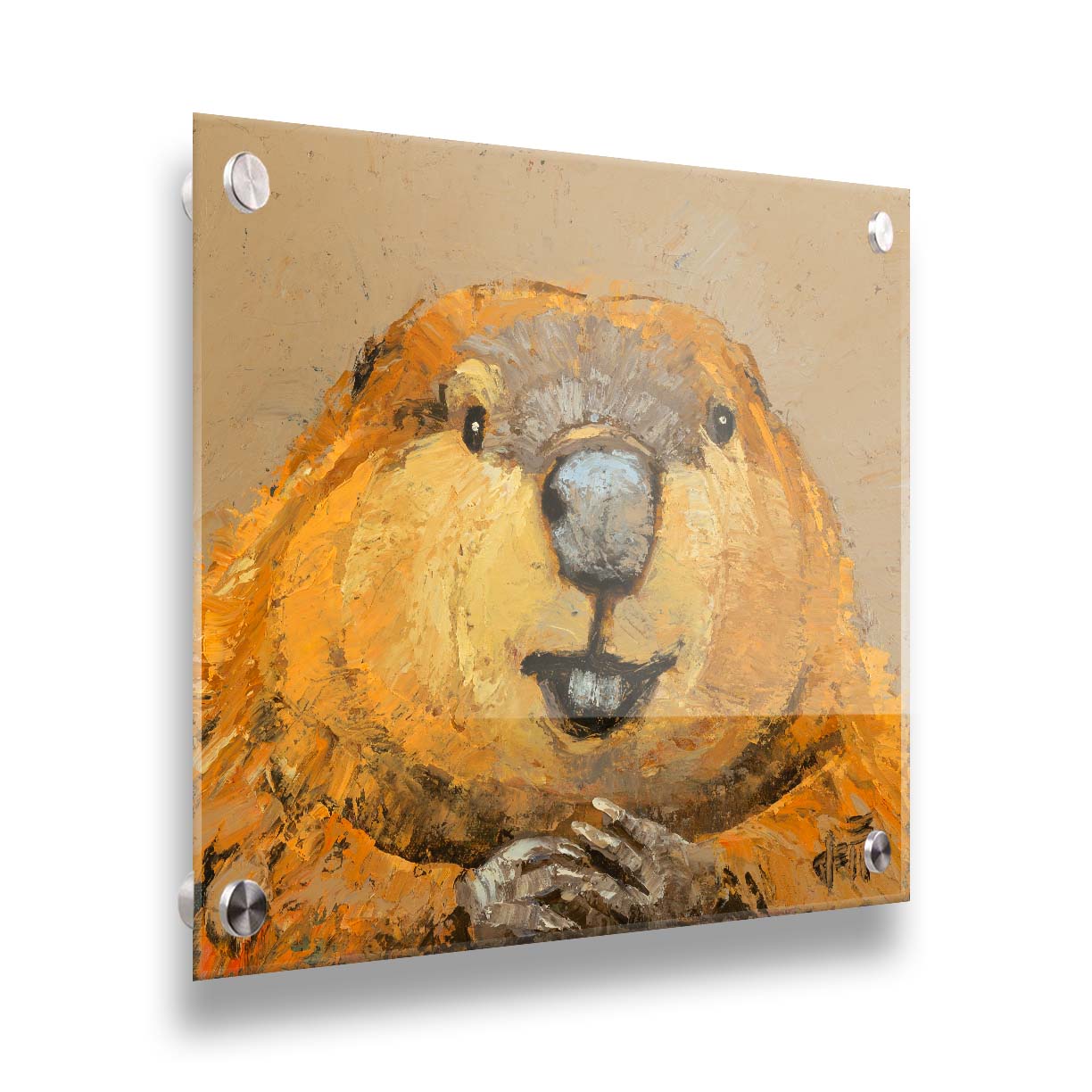 A closeup portrait of a beaver, painted in golden browns with deep textures. Printed on acrylic.