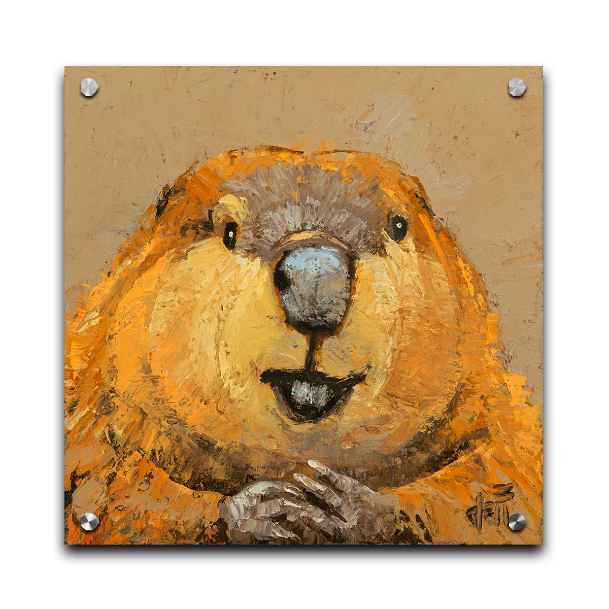 A closeup portrait of a beaver, painted in golden browns with deep textures. Printed on acrylic.