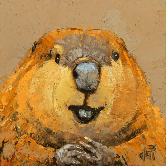 A closeup portrait of a beaver, painted in golden browns with deep textures. 