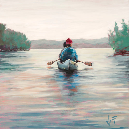 A painting of two people paddling a canoe across a lake in the early morning. The sky is pale reflecting on the water, and green trees line the shore along the lake.