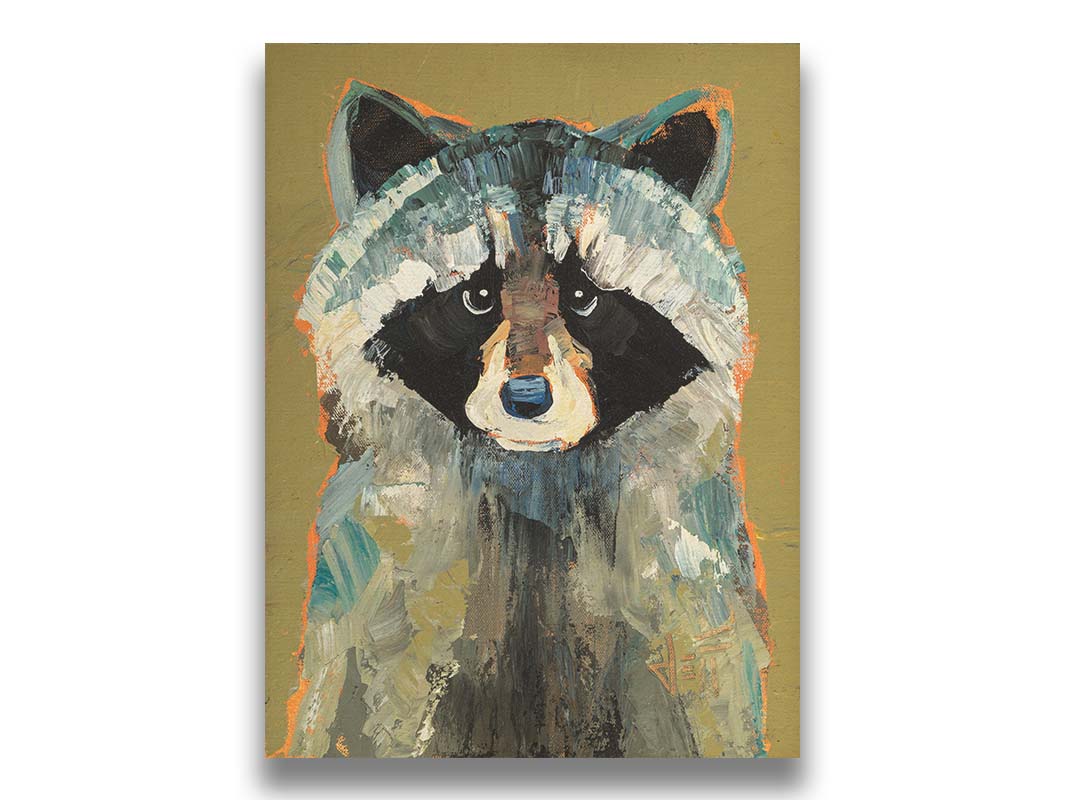 A portrait painting of a raccoon against a desaturated yellow background. Visible pallet knife and brushstrokes and accents of arbitrary color add texture to the portrait. Printed on canvas.