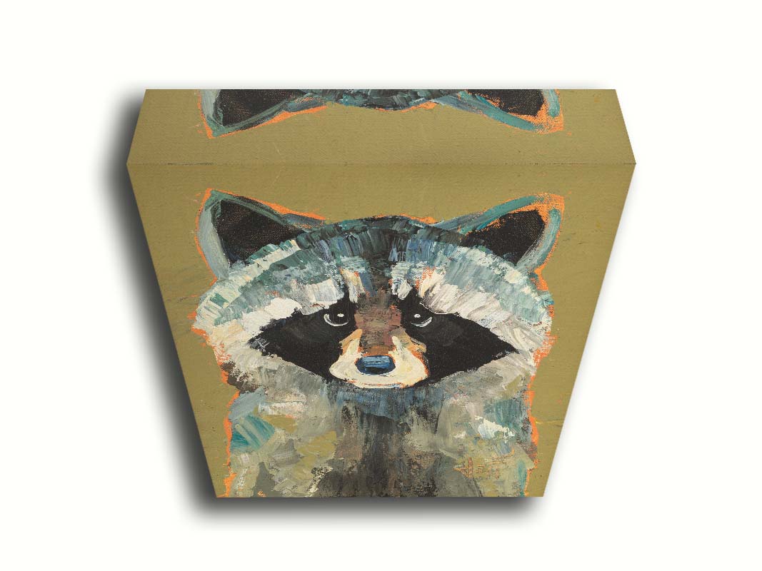 A portrait painting of a raccoon against a desaturated yellow background. Visible pallet knife and brushstrokes and accents of arbitrary color add texture to the portrait. Printed on canvas.