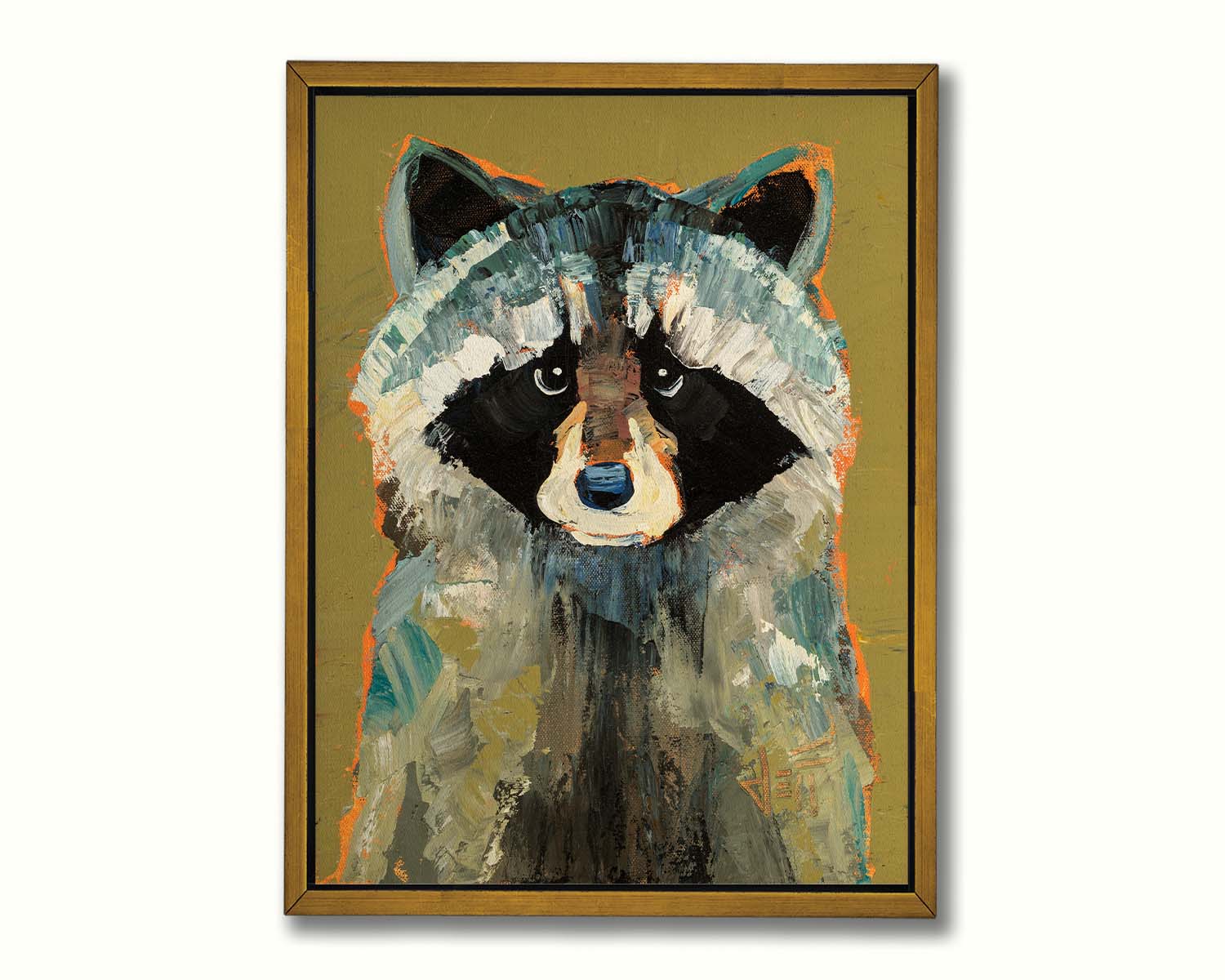 A portrait painting of a raccoon against a desaturated yellow background. Visible pallet knife and brushstrokes and accents of arbitrary color add texture to the portrait. Printed on canvas in a float frame.