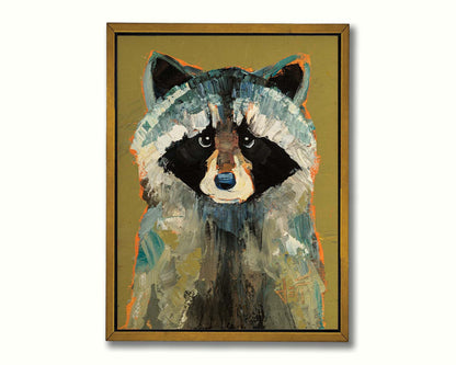 A portrait painting of a raccoon against a desaturated yellow background. Visible pallet knife and brushstrokes and accents of arbitrary color add texture to the portrait. Printed on canvas in a float frame.