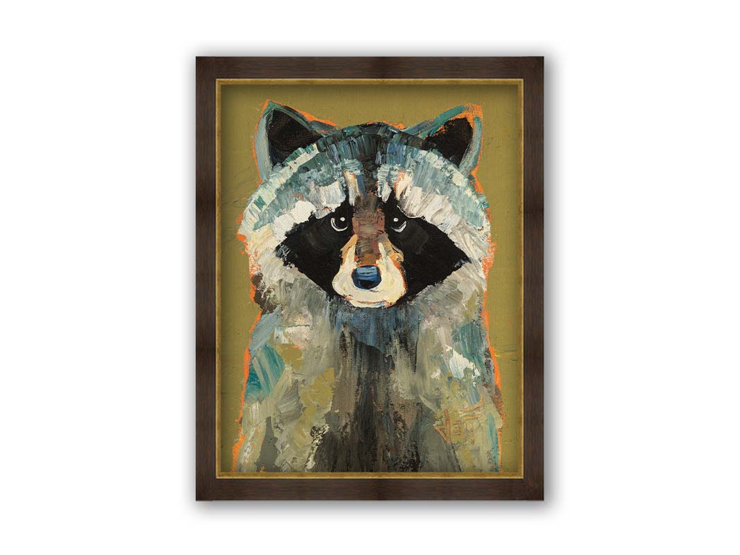 A portrait painting of a raccoon against a desaturated yellow background. Visible pallet knife and brushstrokes and accents of arbitrary color add texture to the portrait. Printed on canvas and framed.