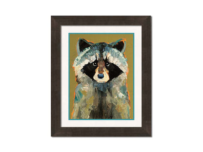 A portrait painting of a raccoon against a desaturated yellow background. Visible pallet knife and brushstrokes and accents of arbitrary color add texture to the portrait. Printed on paper, matted, and framed.