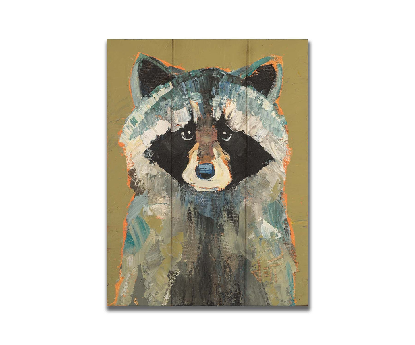 A portrait painting of a raccoon against a desaturated yellow background. Visible pallet knife and brushstrokes and accents of arbitrary color add texture to the portrait. Printed on a box board.