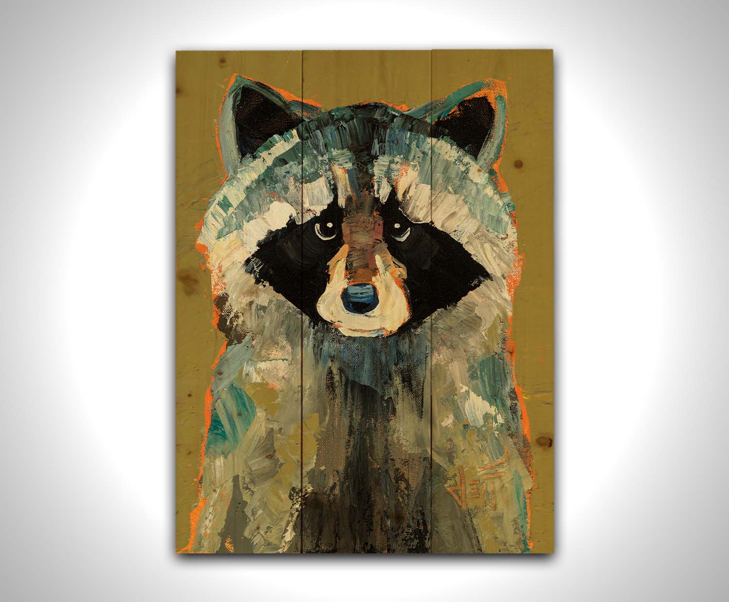 A portrait painting of a raccoon against a desaturated yellow background. Visible pallet knife and brushstrokes and accents of arbitrary color add texture to the portrait. Printed on a wood pallet.