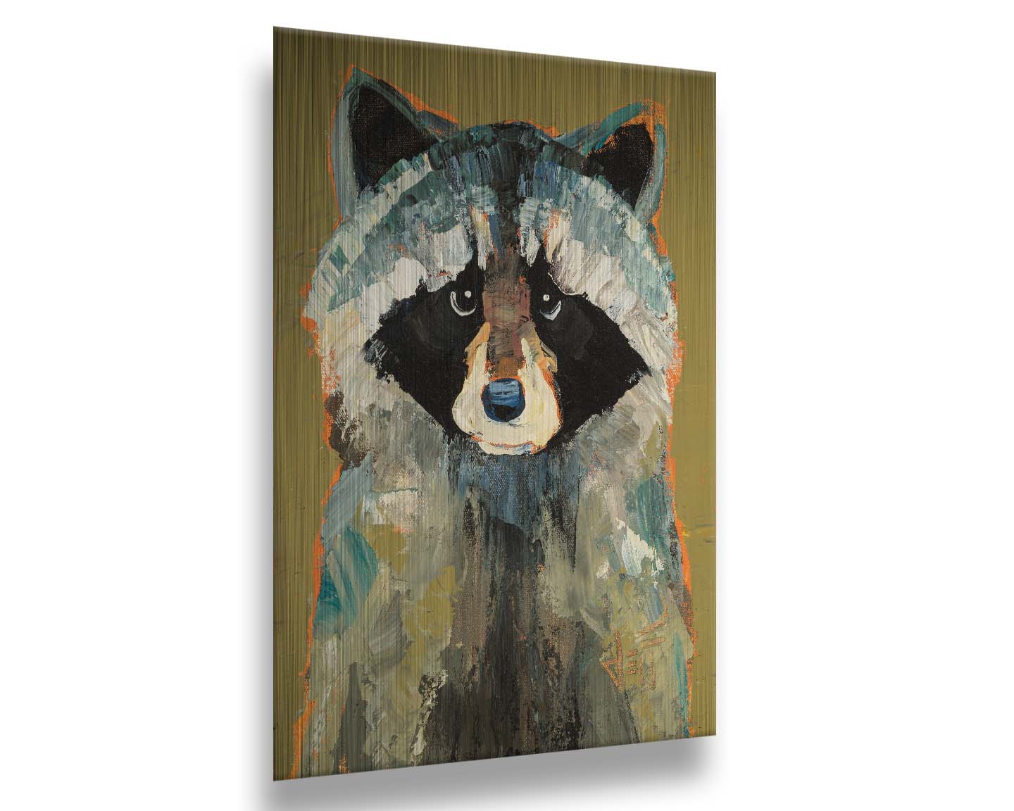 A portrait painting of a raccoon against a desaturated yellow background. Visible pallet knife and brushstrokes and accents of arbitrary color add texture to the portrait. Printed on metal.