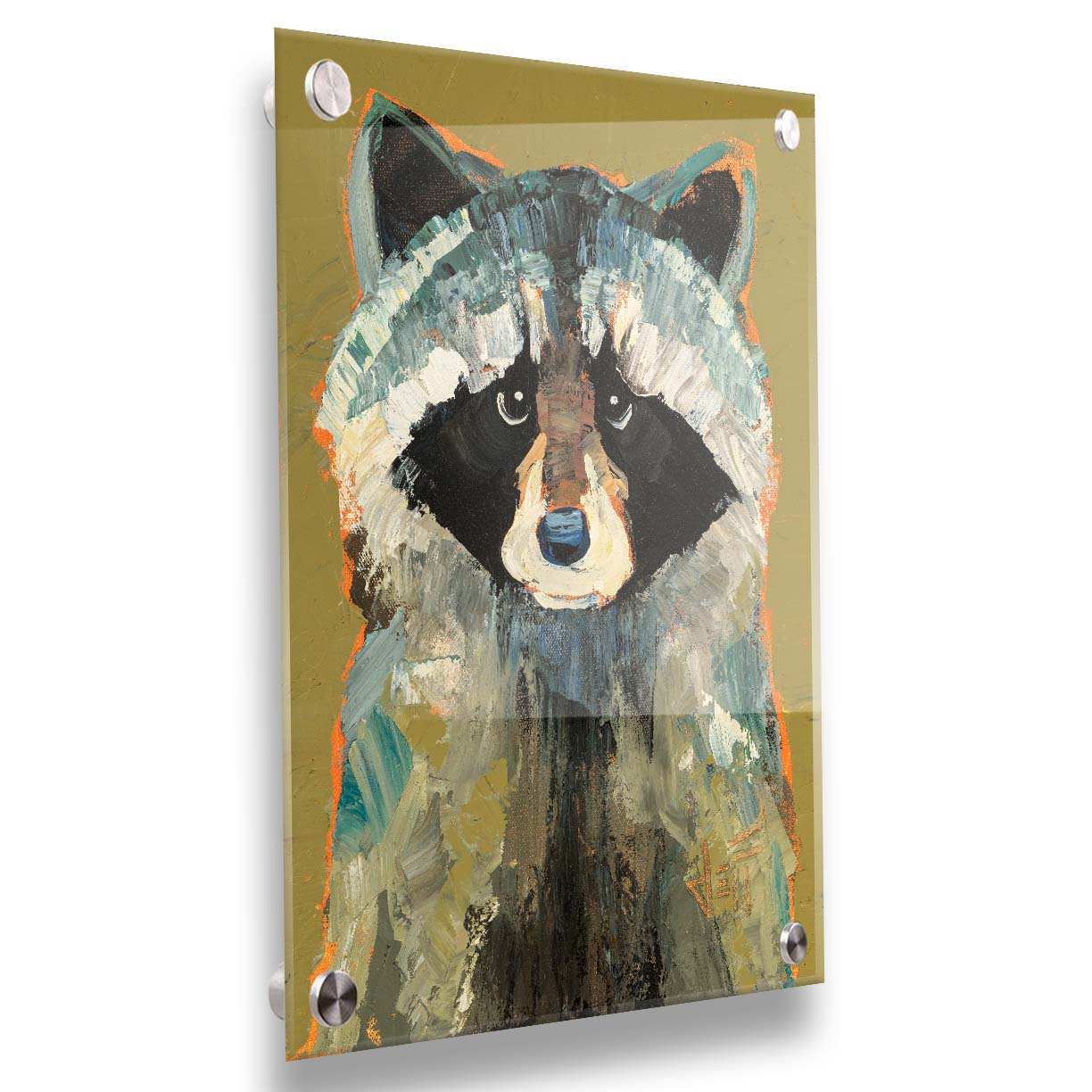 A portrait painting of a raccoon against a desaturated yellow background. Visible pallet knife and brushstrokes and accents of arbitrary color add texture to the portrait. Printed on acrylic.