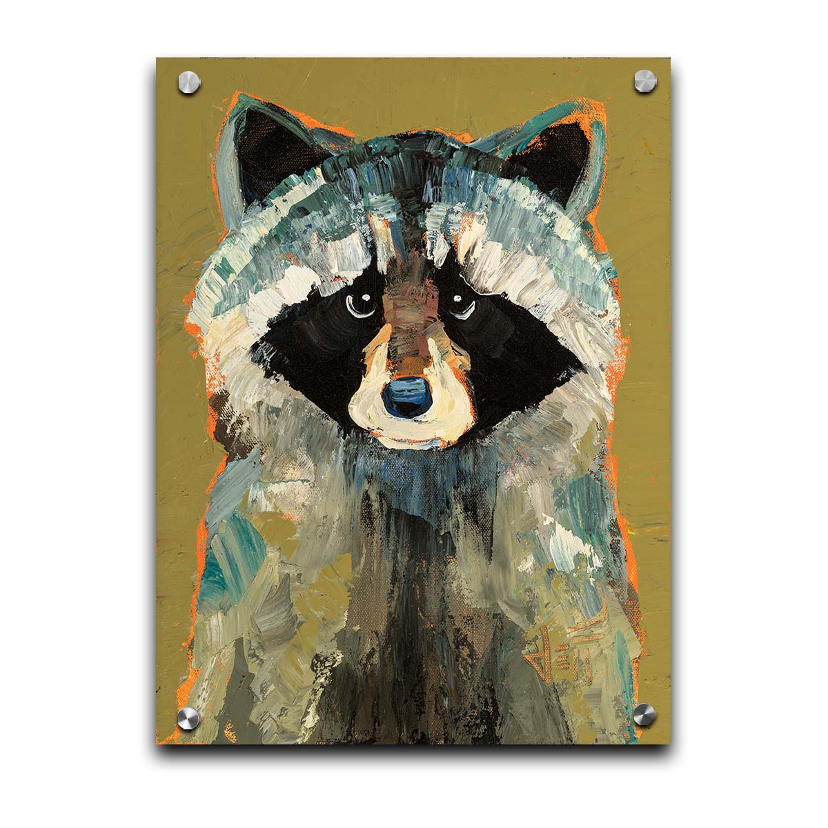 A portrait painting of a raccoon against a desaturated yellow background. Visible pallet knife and brushstrokes and accents of arbitrary color add texture to the portrait. Printed on acrylic.