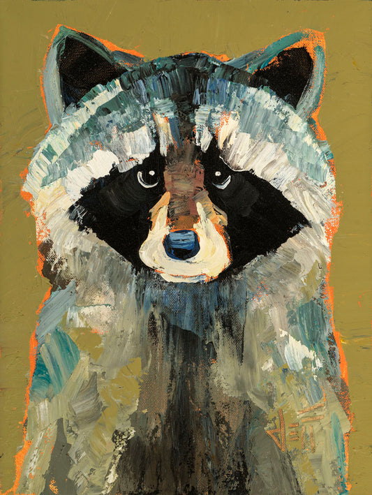 A portrait painting of a raccoon against a desaturated yellow background. Visible pallet knife and brushstrokes and accents of arbitrary color add texture to the portrait.