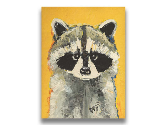 A portrait painting of a raccoon against a bright yellow background. Visible pallet knife and brushstrokes, combined with accents of arbitrary color, add texture and depth to the piece. Printed on canvas.