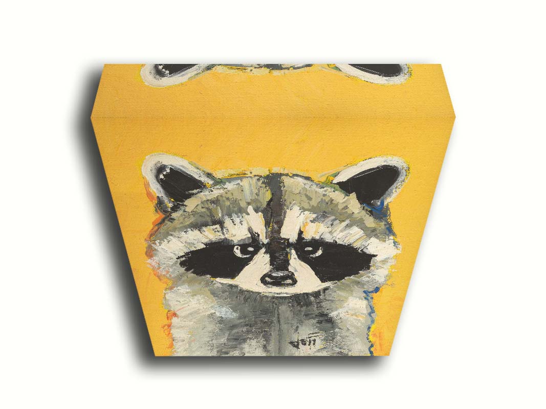 A portrait painting of a raccoon against a bright yellow background. Visible pallet knife and brushstrokes, combined with accents of arbitrary color, add texture and depth to the piece. Printed on canvas.