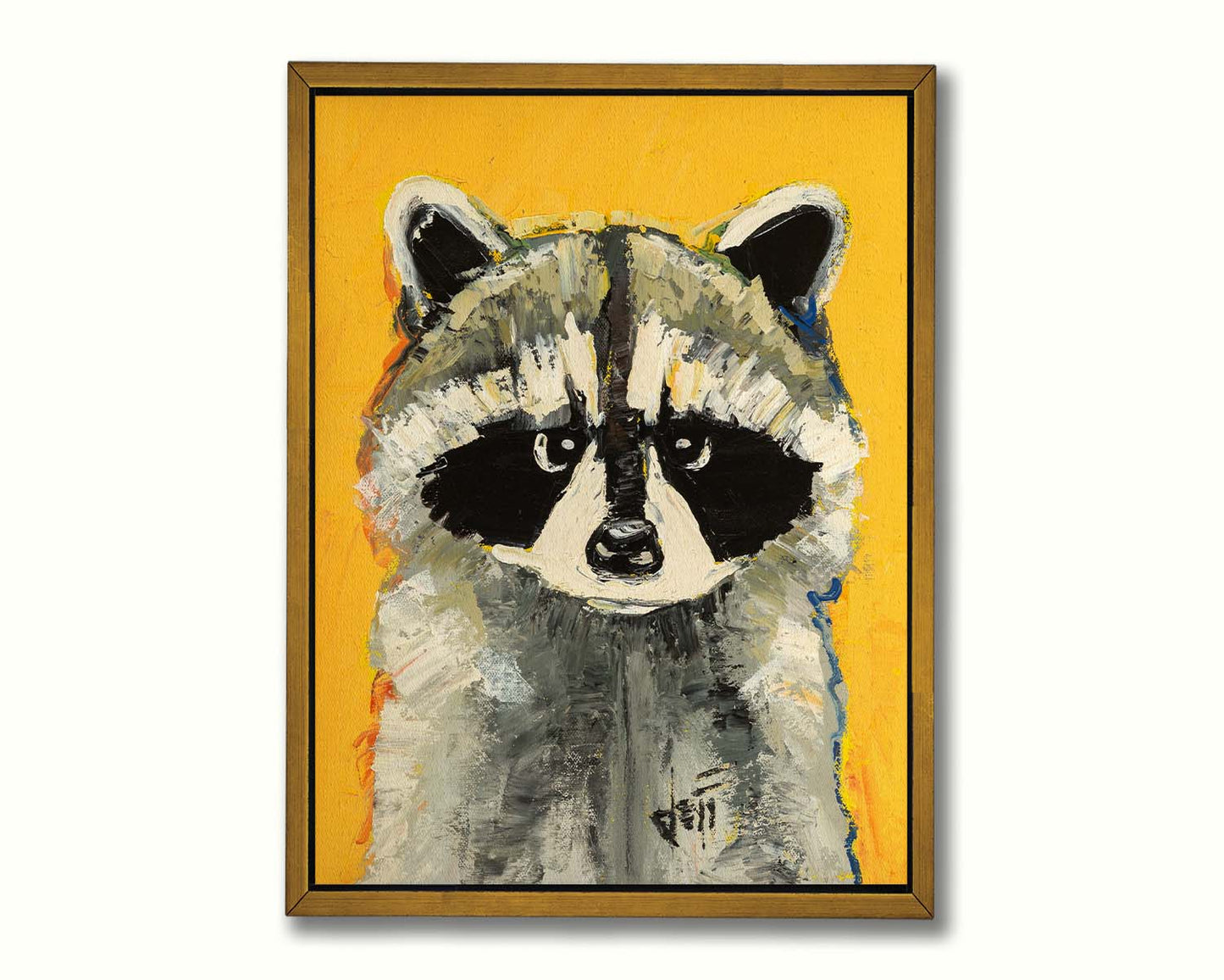 A portrait painting of a raccoon against a bright yellow background. Visible pallet knife and brushstrokes, combined with accents of arbitrary color, add texture and depth to the piece. Printed on canvas in a float frame.