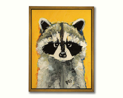 A portrait painting of a raccoon against a bright yellow background. Visible pallet knife and brushstrokes, combined with accents of arbitrary color, add texture and depth to the piece. Printed on canvas in a float frame.