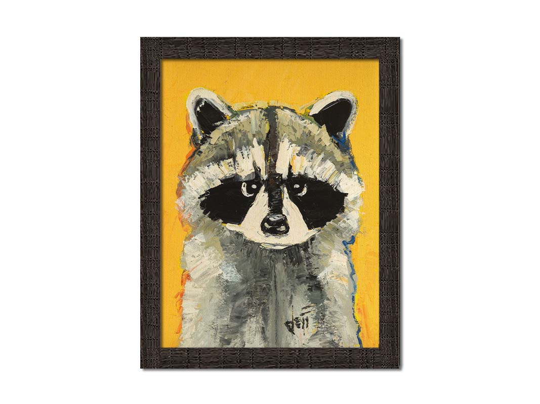 A portrait painting of a raccoon against a bright yellow background. Visible pallet knife and brushstrokes, combined with accents of arbitrary color, add texture and depth to the piece. Printed on canvas and framed.