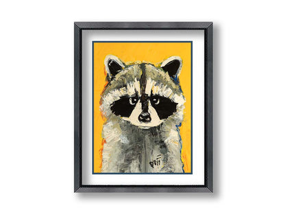 A portrait painting of a raccoon against a bright yellow background. Visible pallet knife and brushstrokes, combined with accents of arbitrary color, add texture and depth to the piece. Printed on paper, matted, and framed.