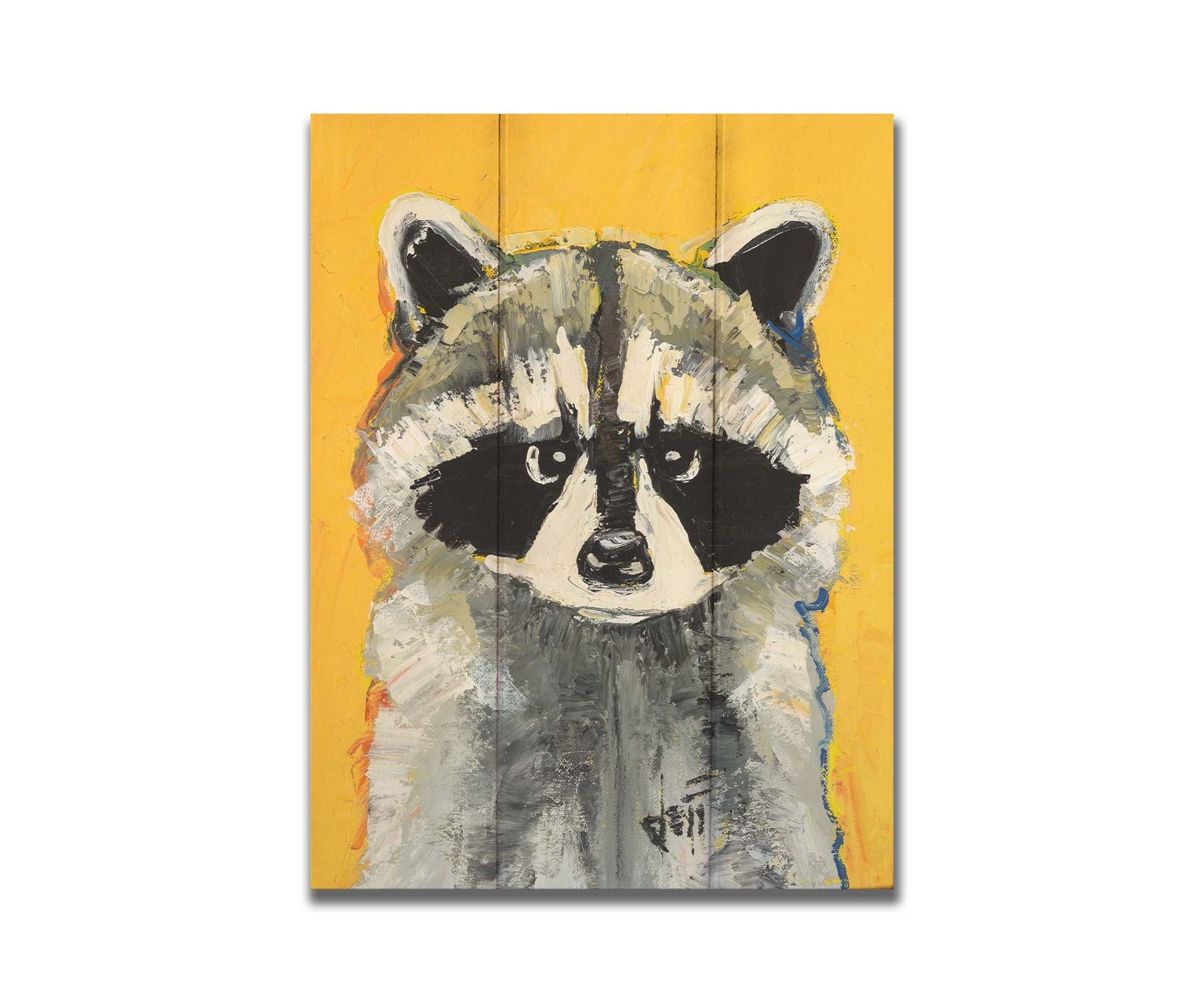 A portrait painting of a raccoon against a bright yellow background. Visible pallet knife and brushstrokes, combined with accents of arbitrary color, add texture and depth to the piece. Printed on a box board.