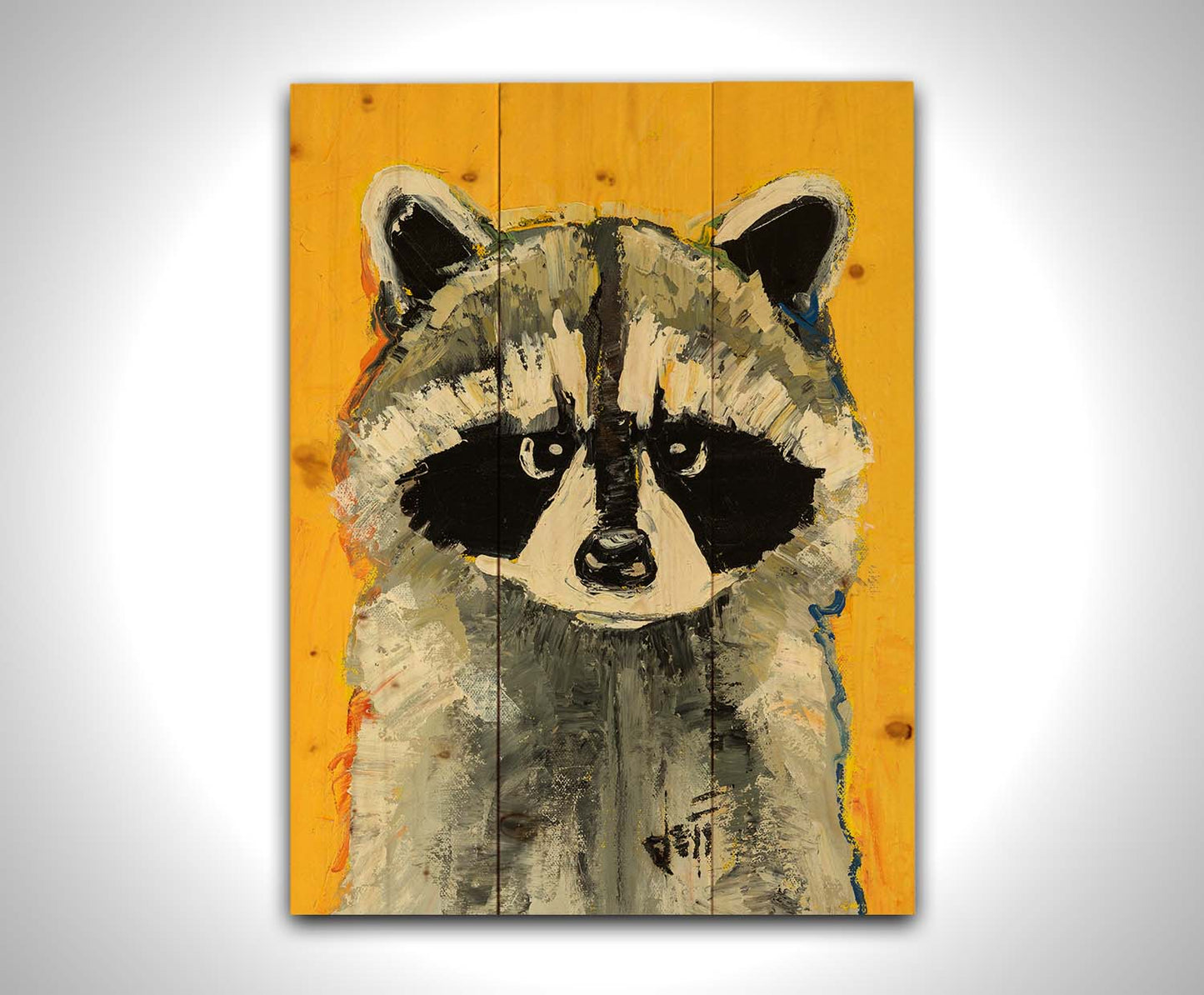 A portrait painting of a raccoon against a bright yellow background. Visible pallet knife and brushstrokes, combined with accents of arbitrary color, add texture and depth to the piece. Printed on a wood pallet.