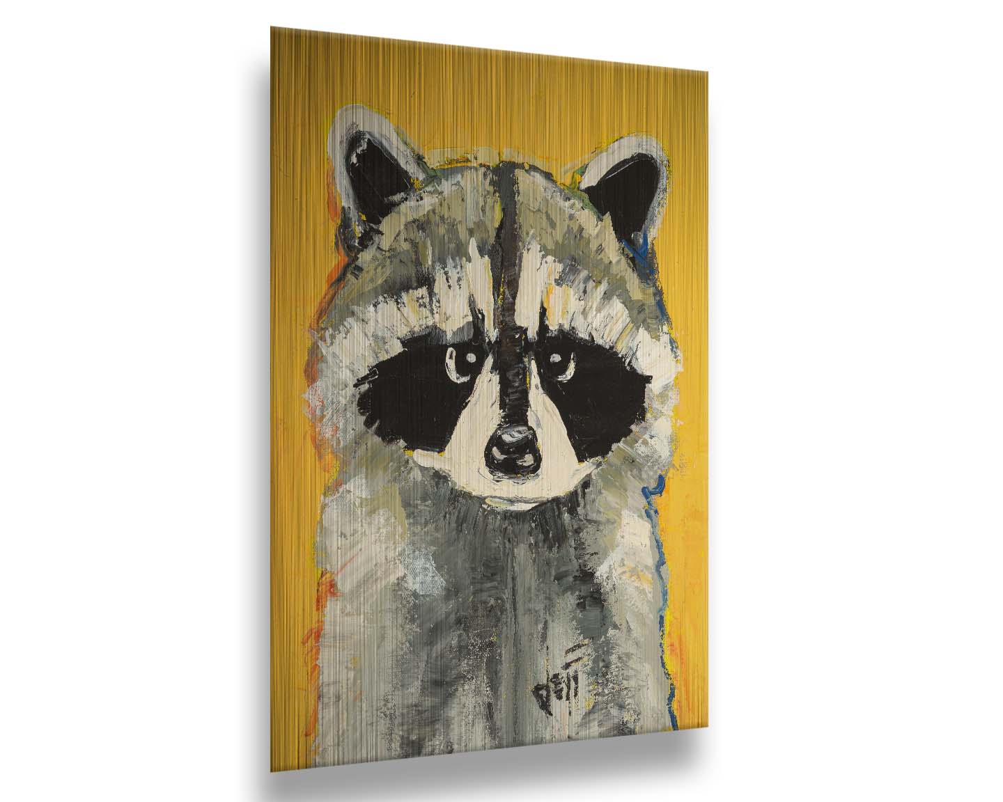 A portrait painting of a raccoon against a bright yellow background. Visible pallet knife and brushstrokes, combined with accents of arbitrary color, add texture and depth to the piece. Printed on metal.