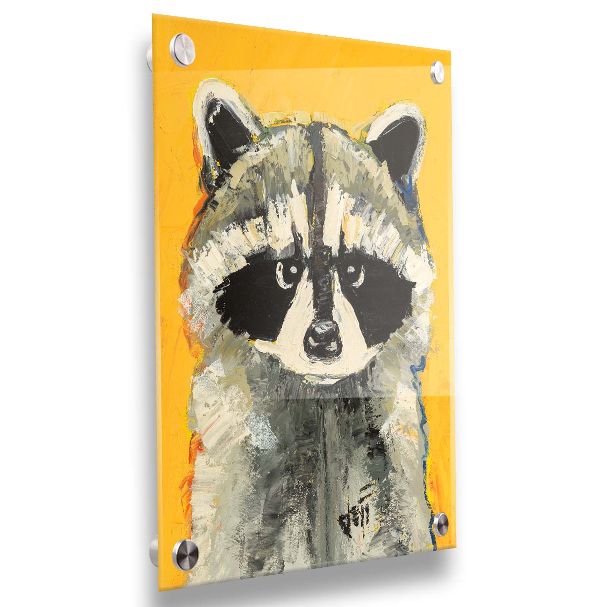 A portrait painting of a raccoon against a bright yellow background. Visible pallet knife and brushstrokes, combined with accents of arbitrary color, add texture and depth to the piece. Printed on acrylic.