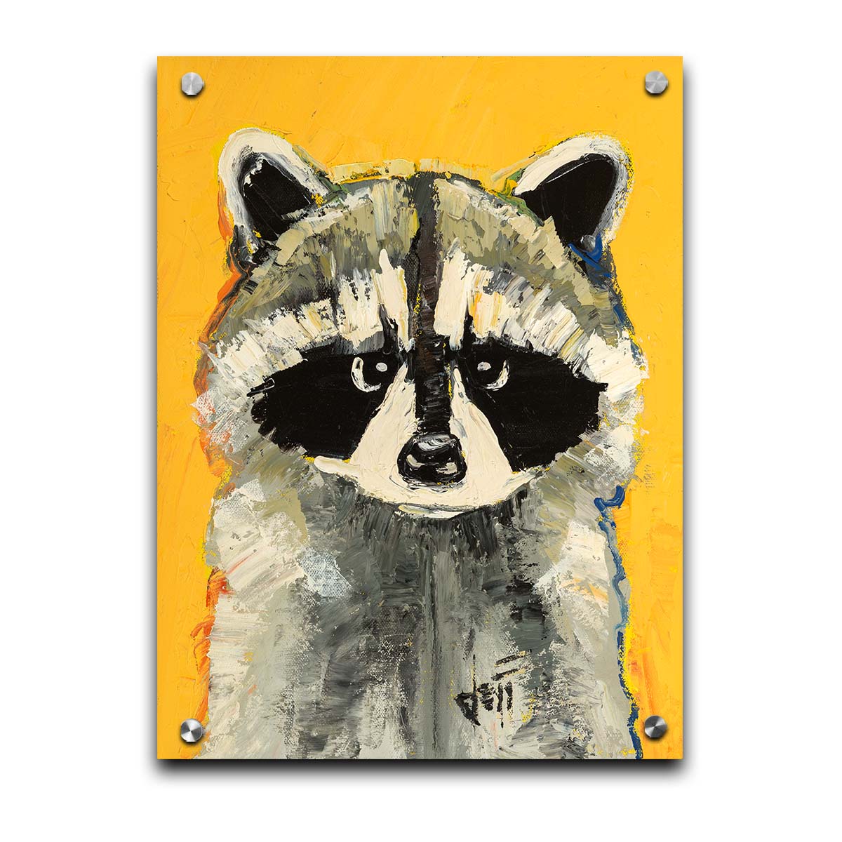 A portrait painting of a raccoon against a bright yellow background. Visible pallet knife and brushstrokes, combined with accents of arbitrary color, add texture and depth to the piece. Printed on acrylic.