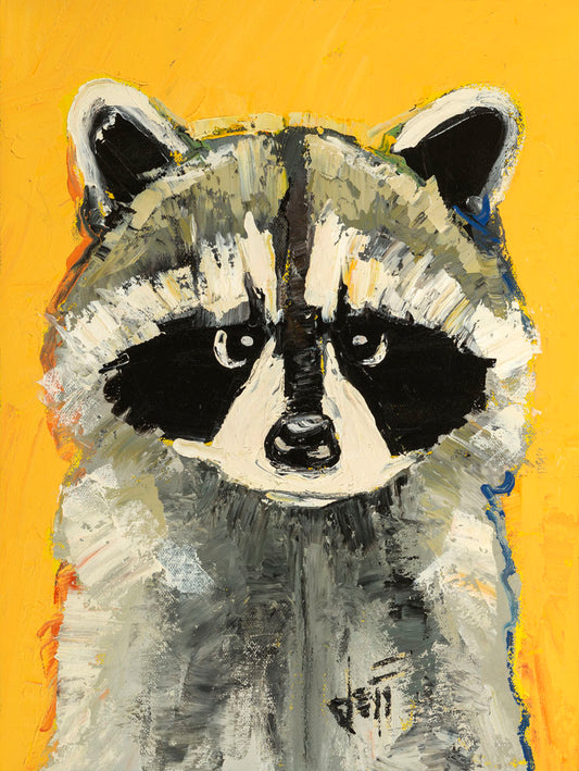 A portrait painting of a raccoon against a bright yellow background. Visible pallet knife and brushstrokes, combined with accents of arbitrary color, add texture and depth to the piece.