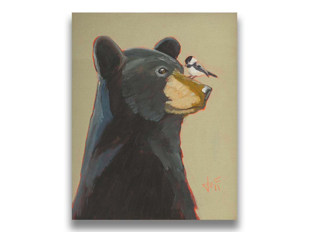 A portrait painting of a black bear, with a chickadee perched on its muzzle, set against a light brown background. Printed on canvas.