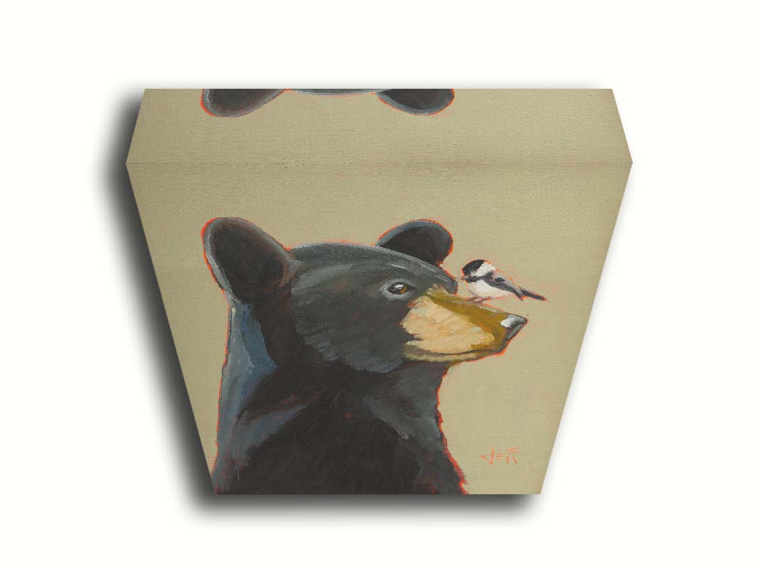 A portrait painting of a black bear, with a chickadee perched on its muzzle, set against a light brown background. Printed on canvas.