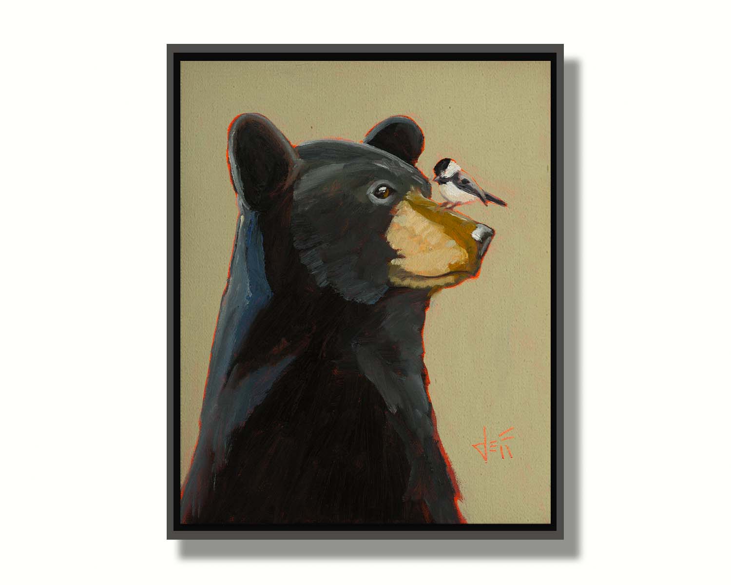 A portrait painting of a black bear, with a chickadee perched on its muzzle, set against a light brown background. Printed on canvas in a float frame.