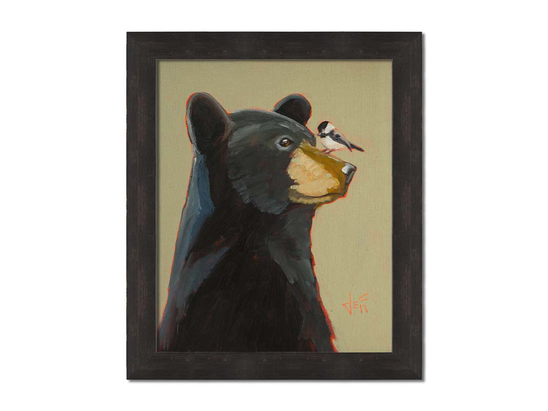 A portrait painting of a black bear, with a chickadee perched on its muzzle, set against a light brown background. Printed on canvas and framed.