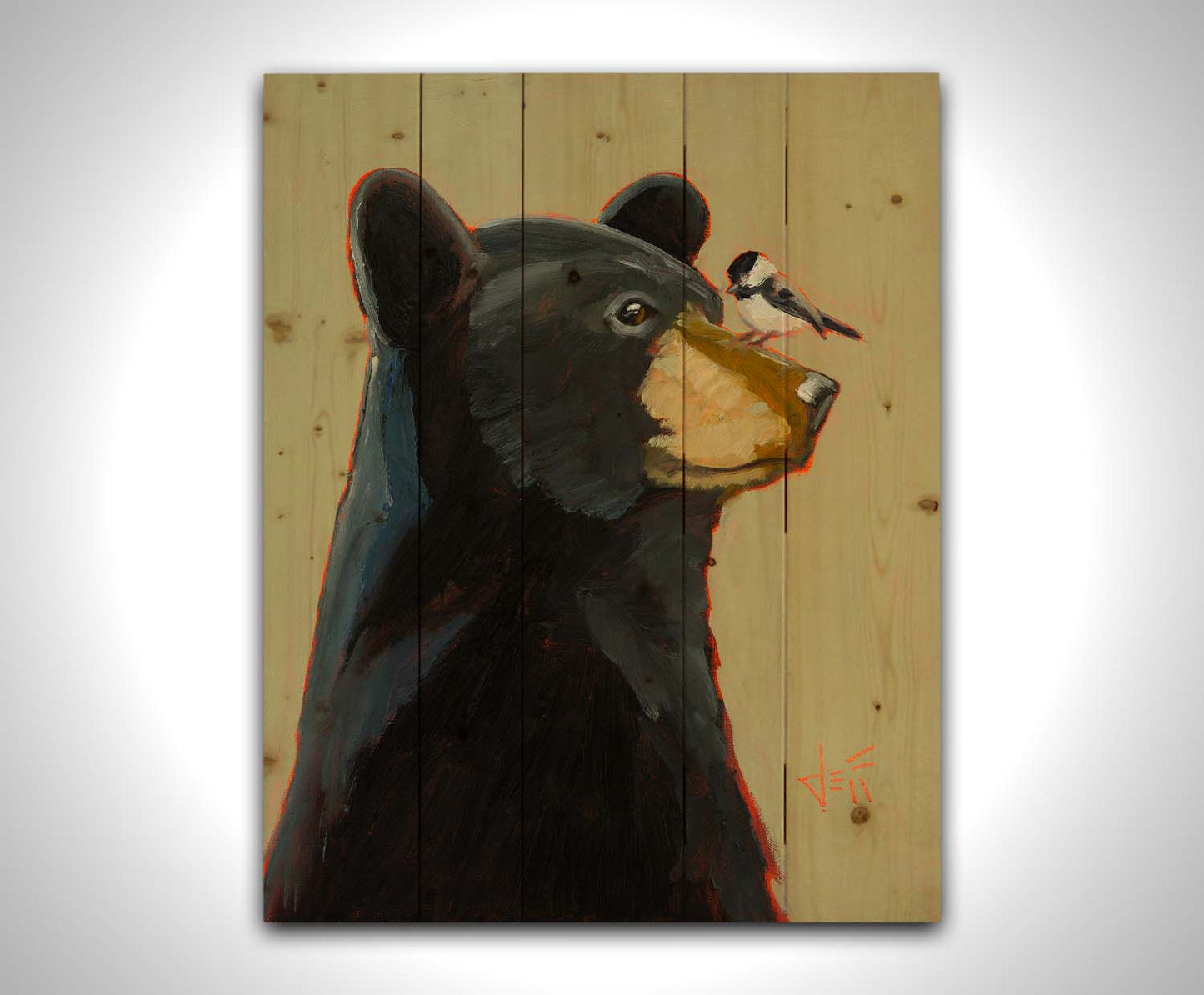 A portrait painting of a black bear, with a chickadee perched on its muzzle, set against a light brown background. Printed on a wood pallet.