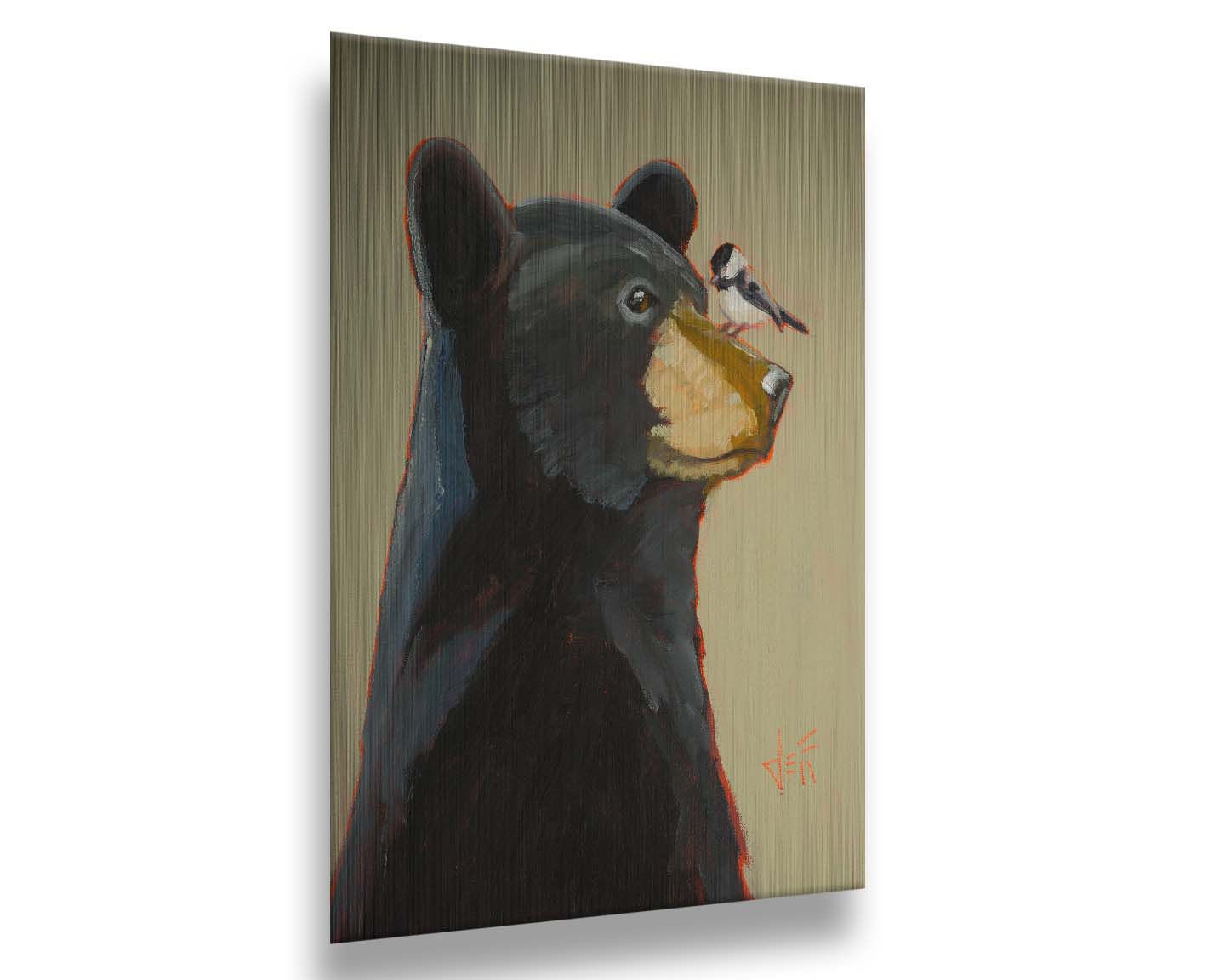 A portrait painting of a black bear, with a chickadee perched on its muzzle, set against a light brown background. Printed on metal.