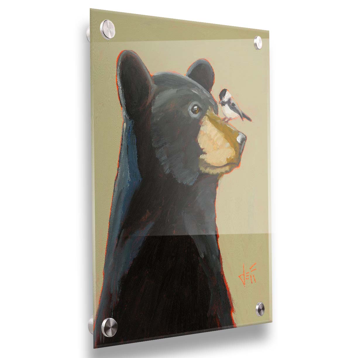 A portrait painting of a black bear, with a chickadee perched on its muzzle, set against a light brown background. Printed on acrylic.