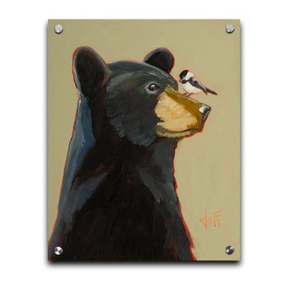 A portrait painting of a black bear, with a chickadee perched on its muzzle, set against a light brown background. Printed on acrylic.