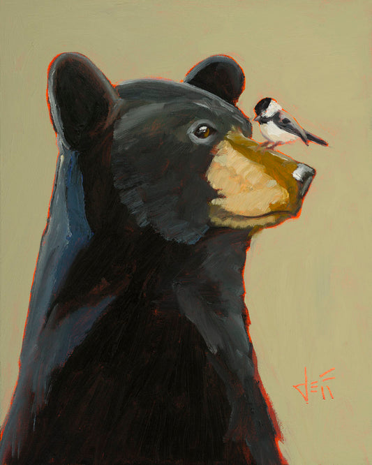 A portrait painting of a black bear, with a chickadee perched on its muzzle, set against a light brown background.