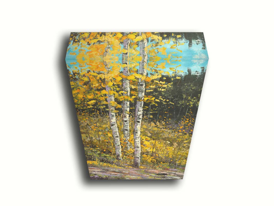 A painting of aspen trees in autumn, with bright yellow leaves. The yellow foliage in the foreground stands out against the darker evergreens in the background. Visible brushstrokes create texture and depth to the painting, lending to the textures of the bark. Printed on canvas.