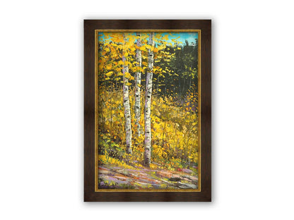 A painting of aspen trees in autumn, with bright yellow leaves. The yellow foliage in the foreground stands out against the darker evergreens in the background. Visible brushstrokes create texture and depth to the painting, lending to the textures of the bark. Printed on canvas and framed.