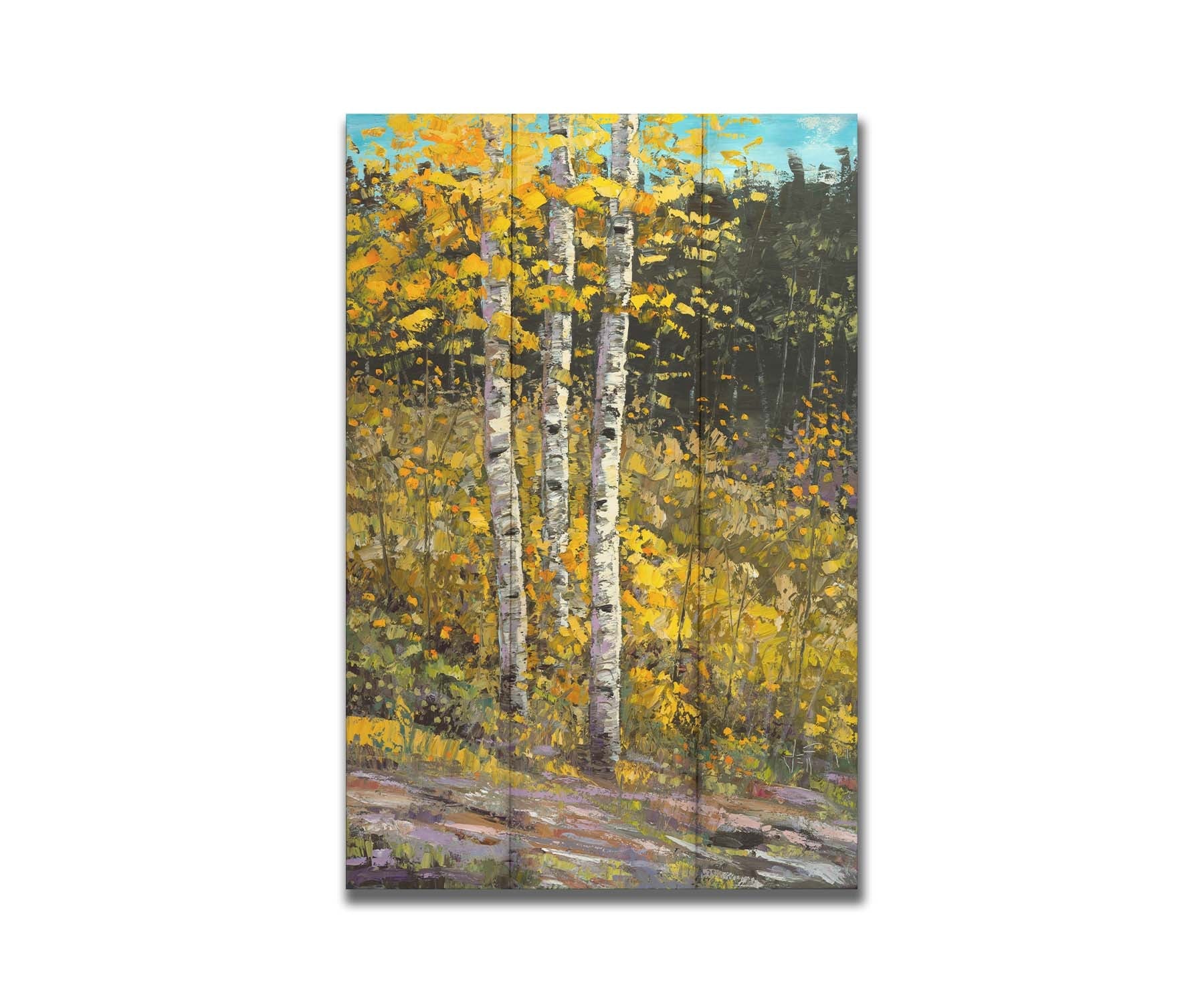 A painting of aspen trees in autumn, with bright yellow leaves. The yellow foliage in the foreground stands out against the darker evergreens in the background. Visible brushstrokes create texture and depth to the painting, lending to the textures of the bark. Printed on a box board.