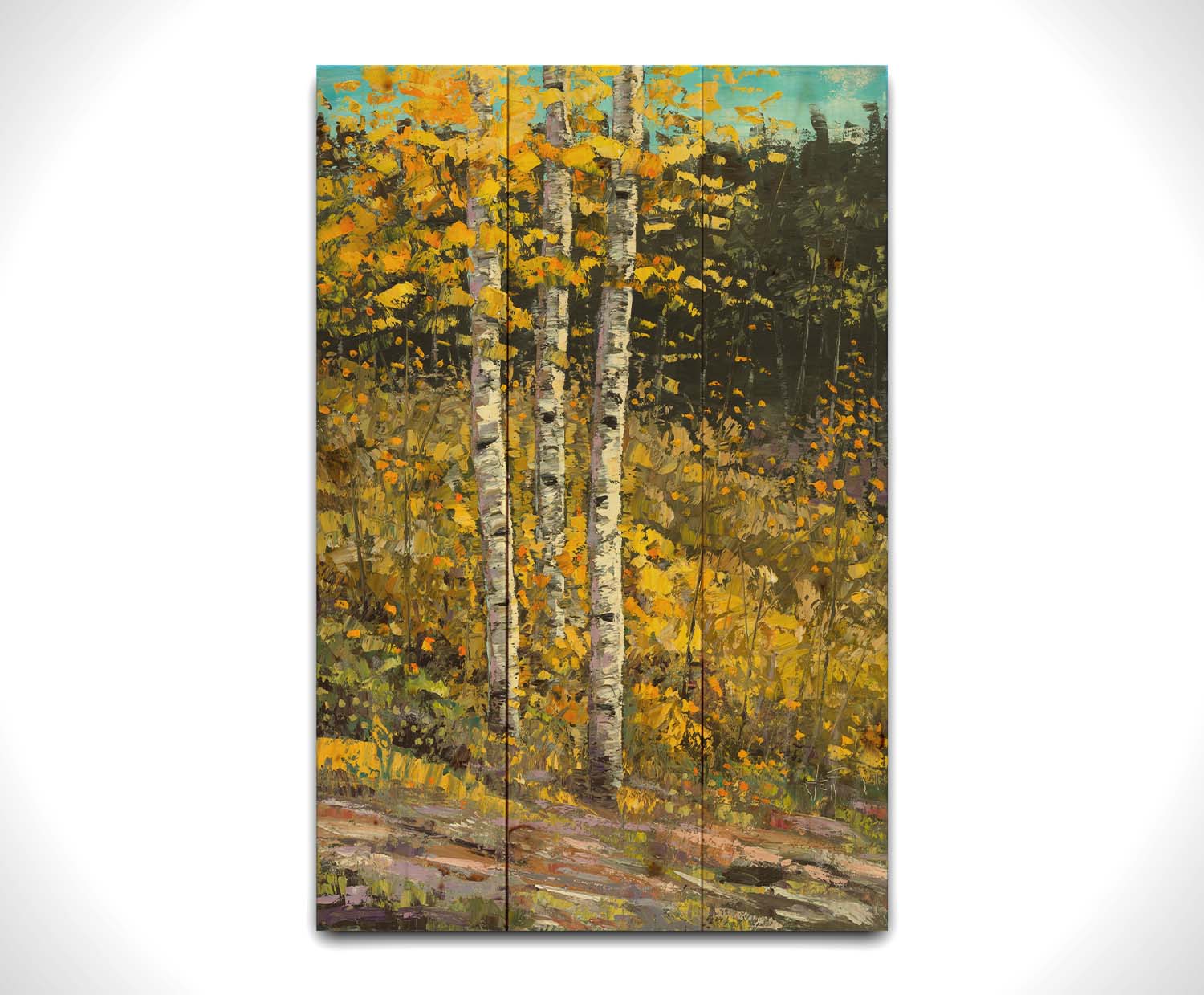 A painting of aspen trees in autumn, with bright yellow leaves. The yellow foliage in the foreground stands out against the darker evergreens in the background. Visible brushstrokes create texture and depth to the painting, lending to the textures of the bark. Printed on a wood pallet.