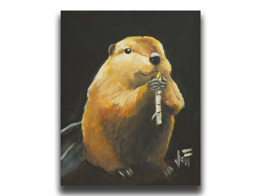 A painting of a round, soft, brown beaver snacking on a white birch stick, set against a black background. Printed on canvas.