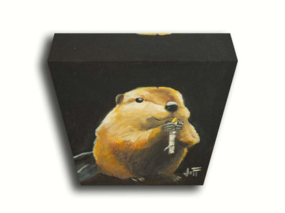 A painting of a round, soft, brown beaver snacking on a white birch stick, set against a black background. Printed on canvas.