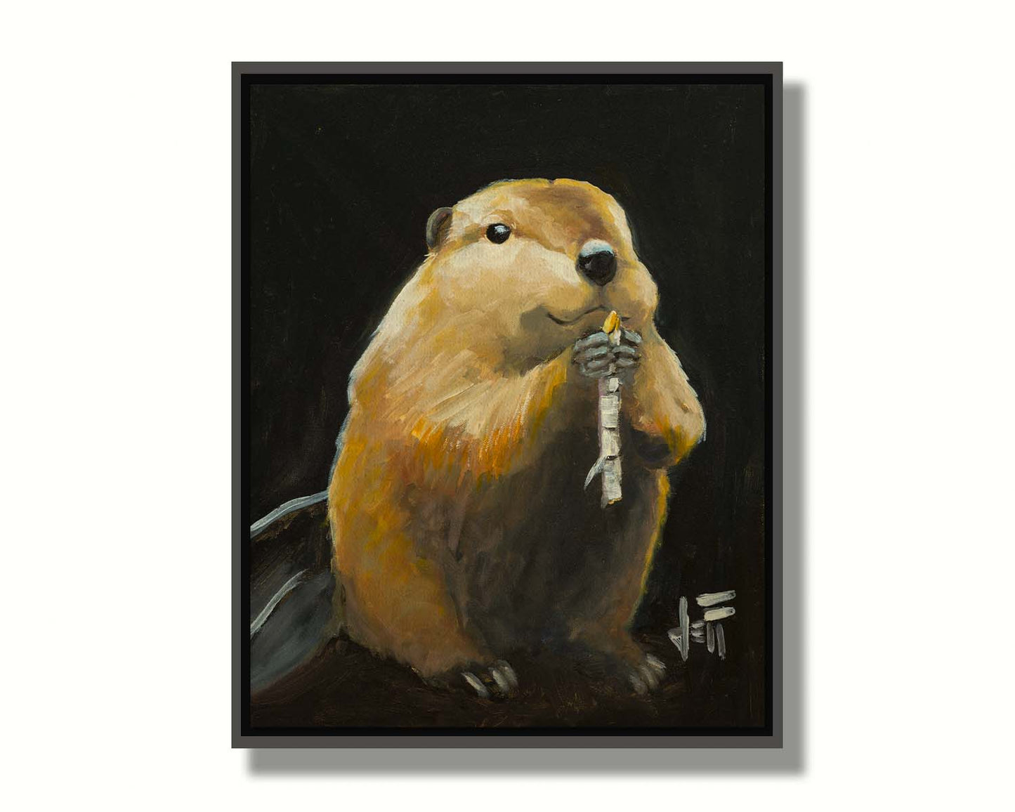 A painting of a round, soft, brown beaver snacking on a white birch stick, set against a black background. Printed on canvas in a float frame.