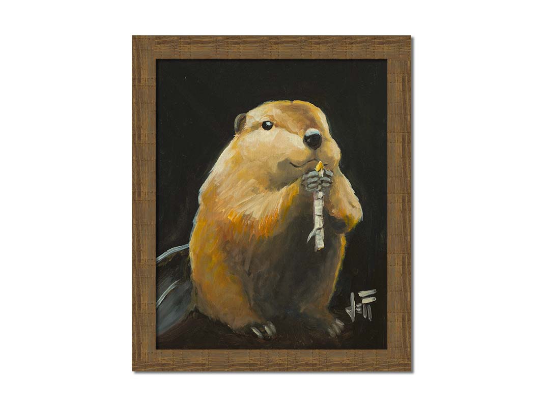 A painting of a round, soft, brown beaver snacking on a white birch stick, set against a black background. Printed on canvas and framed.