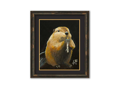 A painting of a round, soft, brown beaver snacking on a white birch stick, set against a black background. Printed on paper, matted, and framed.